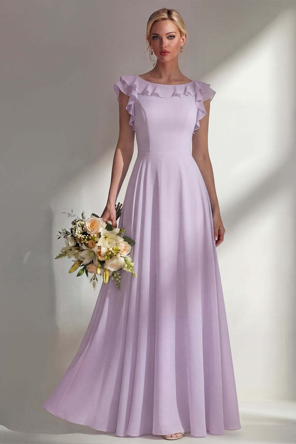 A Line Round Neck Ruffled Dusty Blue Long Bridesmaid Dress