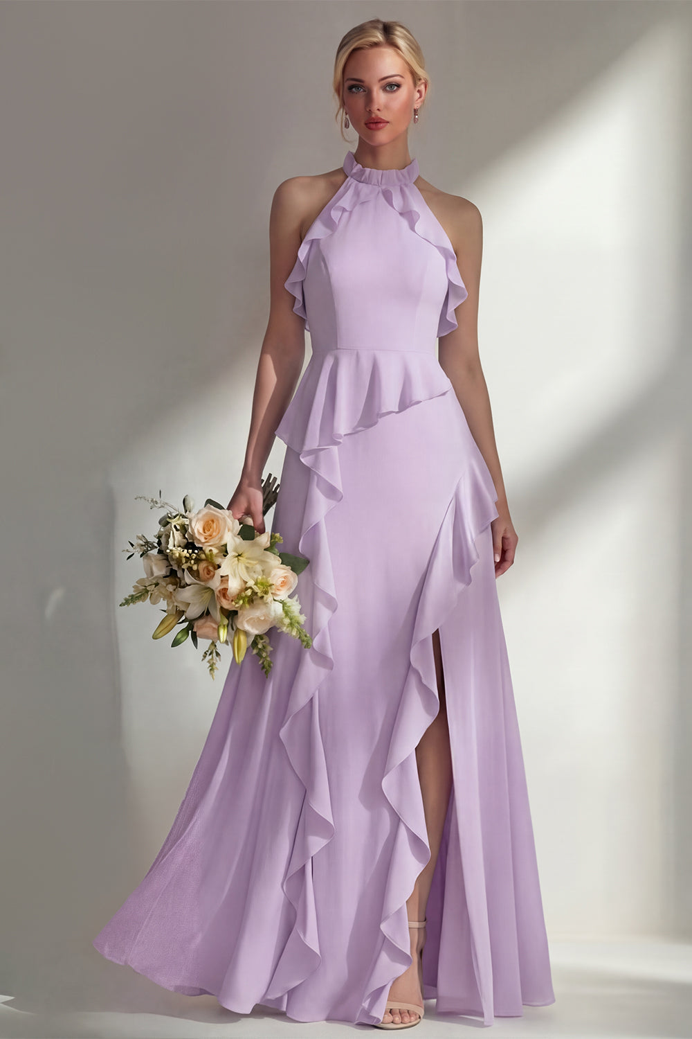 Butter Yellow Ruffled Halter Neck A Line Long Bridesmaid Dress with Slit