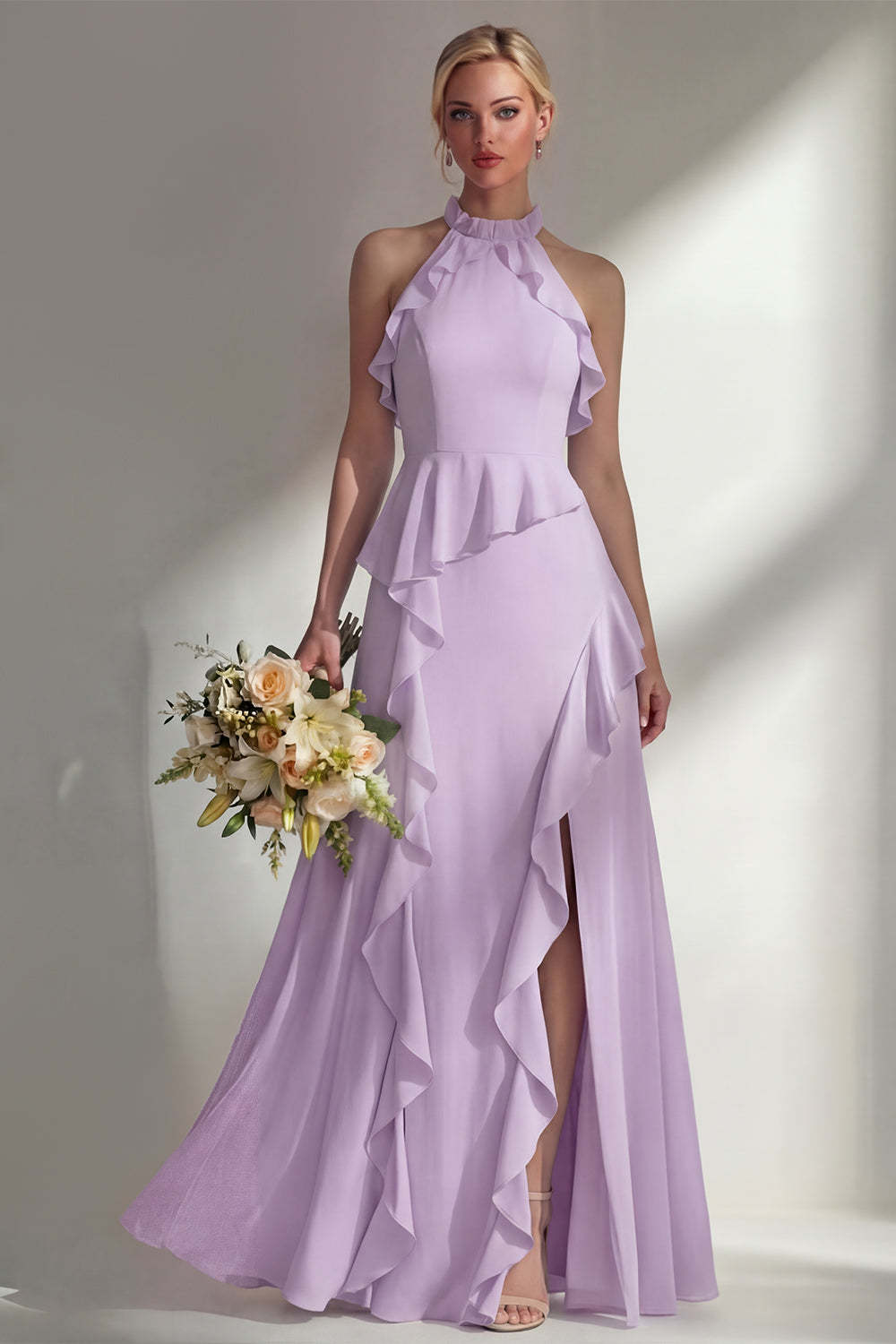 Butter Yellow Ruffled Halter Neck A Line Long Bridesmaid Dress with Slit