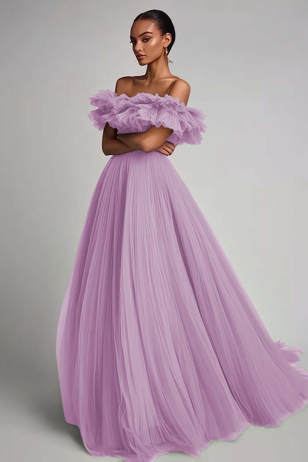Dusty Sage Pleated Tulle A Line Long Formal Dress with Ruffles