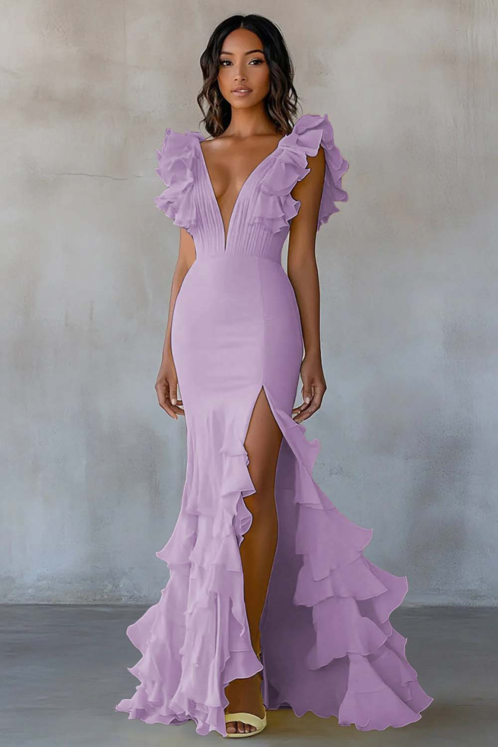 Yellow Chiffon V Neck Mermaid Ruffled Maxi Formal Dress with Slit