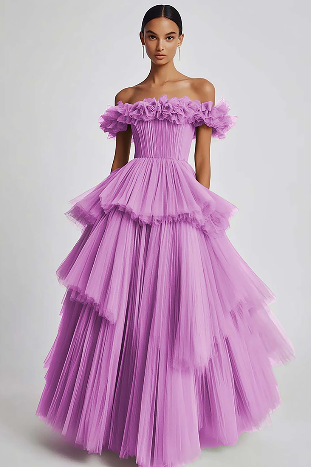 Dusty Sage Ball Gown Tulle Tiered Long Formal Dress with Ruffles