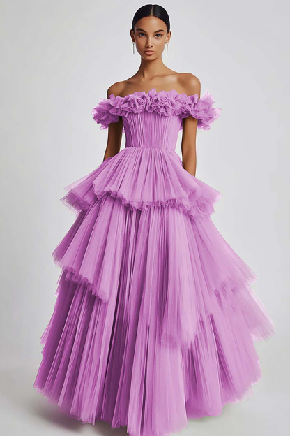 Dusty Sage Ball Gown Tulle Tiered Long Formal Dress with Ruffles