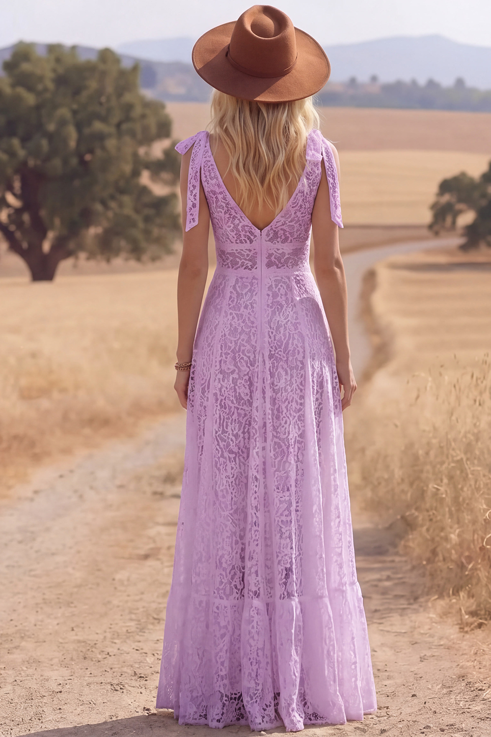 White Lace Bow Tie Straps A Line Maxi Boho Western Wedding Dress with Slit