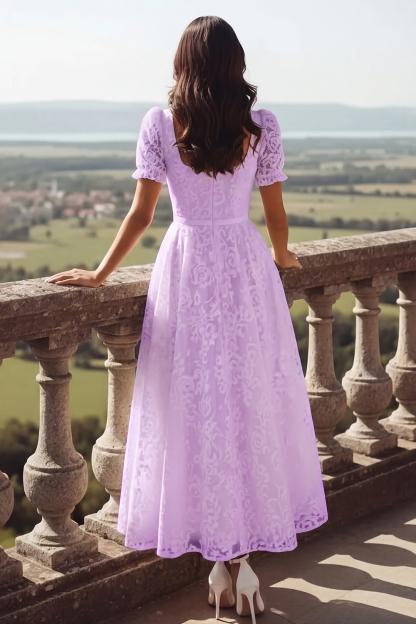 White Lace Square Neck Long Wedding Reception Dress with Sleeves