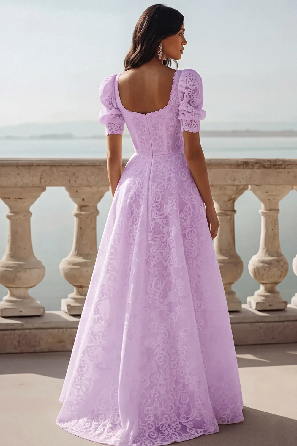 White Lace Square Neck A Line Long Wedding Reception Dress