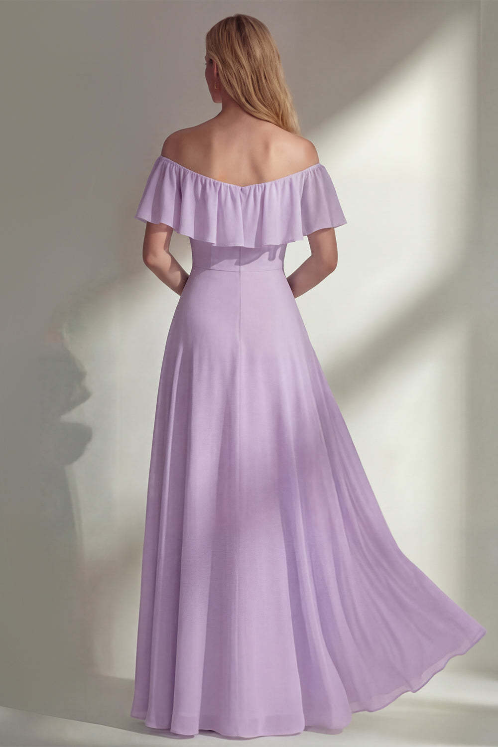A Line Burgundy Ruffed Off the Shoulder Long Bridesmaid Dress with Slit