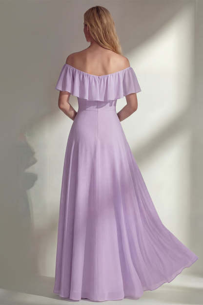 A Line Burgundy Ruffed Off the Shoulder Long Bridesmaid Dress with Slit