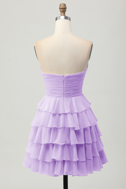 Short Light Yellow Sweetheart Ruffled A Line Tiered Homecoming Dress with Bow