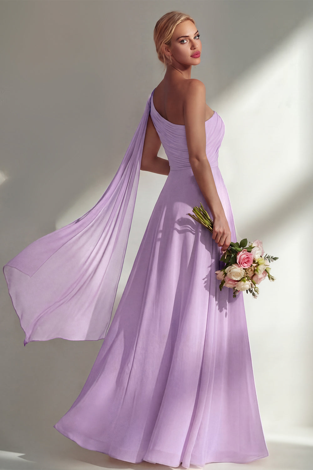 Burgundy One Shoulder Backless Ruched Long Bridesmaid Dress with Slit