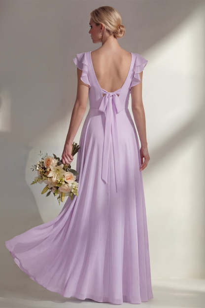 A Line Round Neck Ruffled Dusty Blue Long Bridesmaid Dress