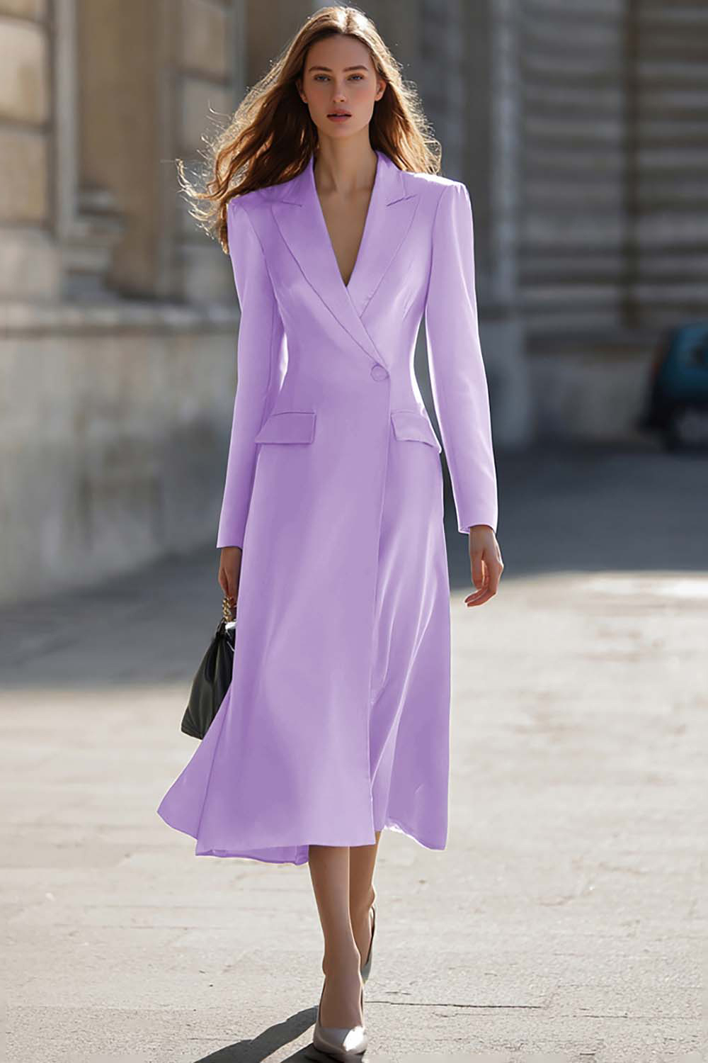 Sky Blue Midi Peak Lapel Pencil One Button Blazer Dress with Sleeves