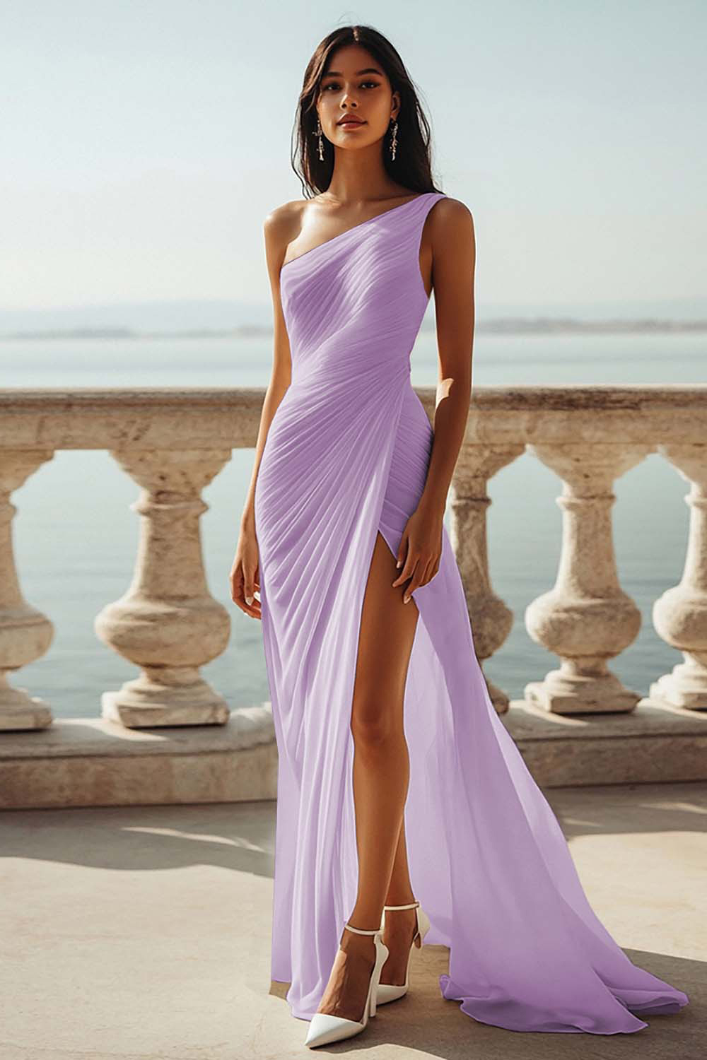 Ivory Chiffon One Shoulder Ruched Beach Maxi Engagement Dress with Slit