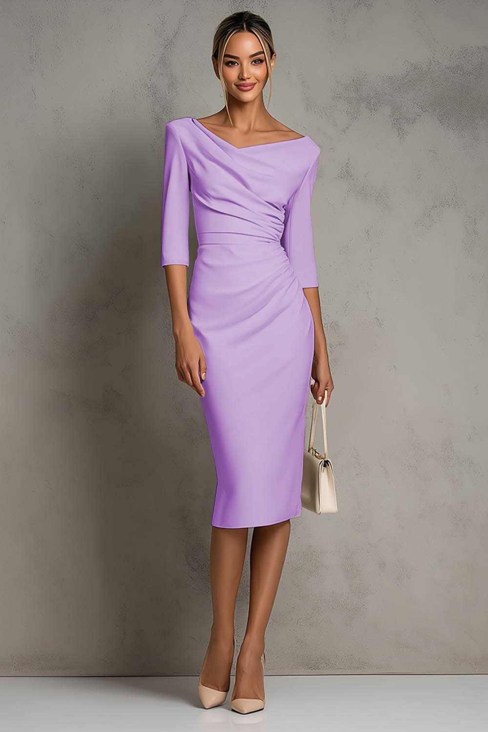 Simple Ivory Ruched Pencil Midi Work Dress with Slit