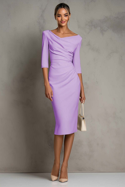 Simple Ivory Ruched Pencil Midi Work Dress with Slit