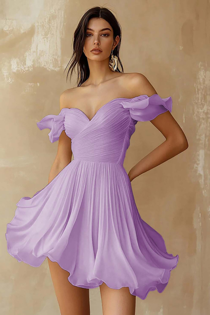Chiffon Pleated A Line Off the Shoulder Mini Little White Dress with Ruffles