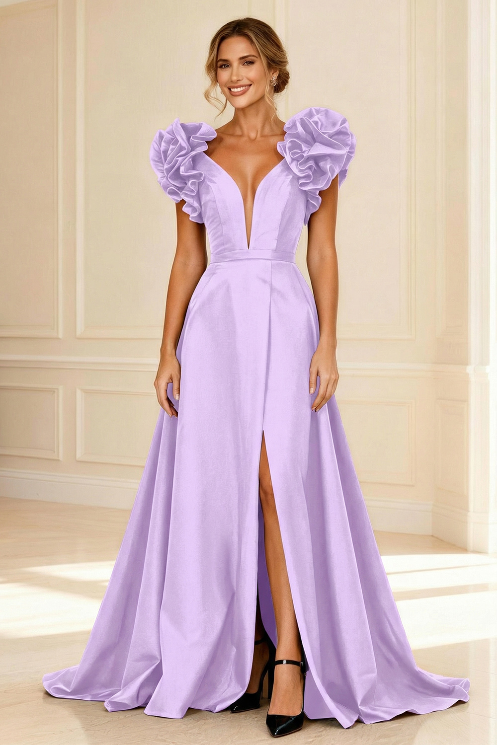 Black Deep V-Neck Ruffled Long Mother of the Bride Dress with Slit