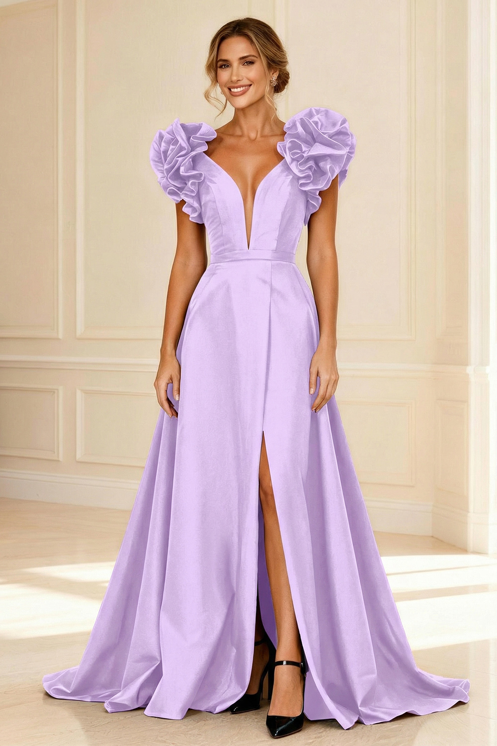 Black Deep V-Neck Ruffled Long Mother of the Bride Dress with Slit