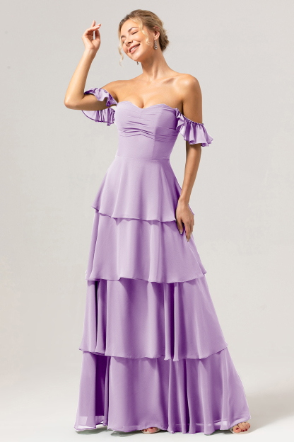 Eucalyptus Off the Shoulder Sweetheart Tiered A-Line Bridesmaid Dress