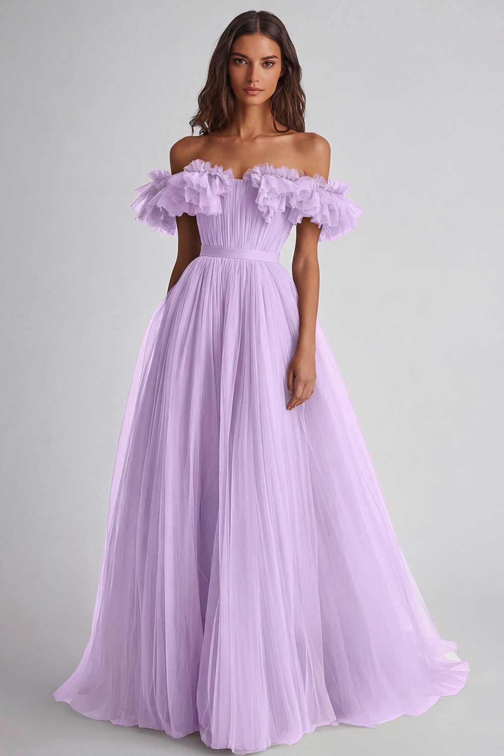 Dusty Sage A Line Tulle Long Wedding Guest Dress with Ruffles