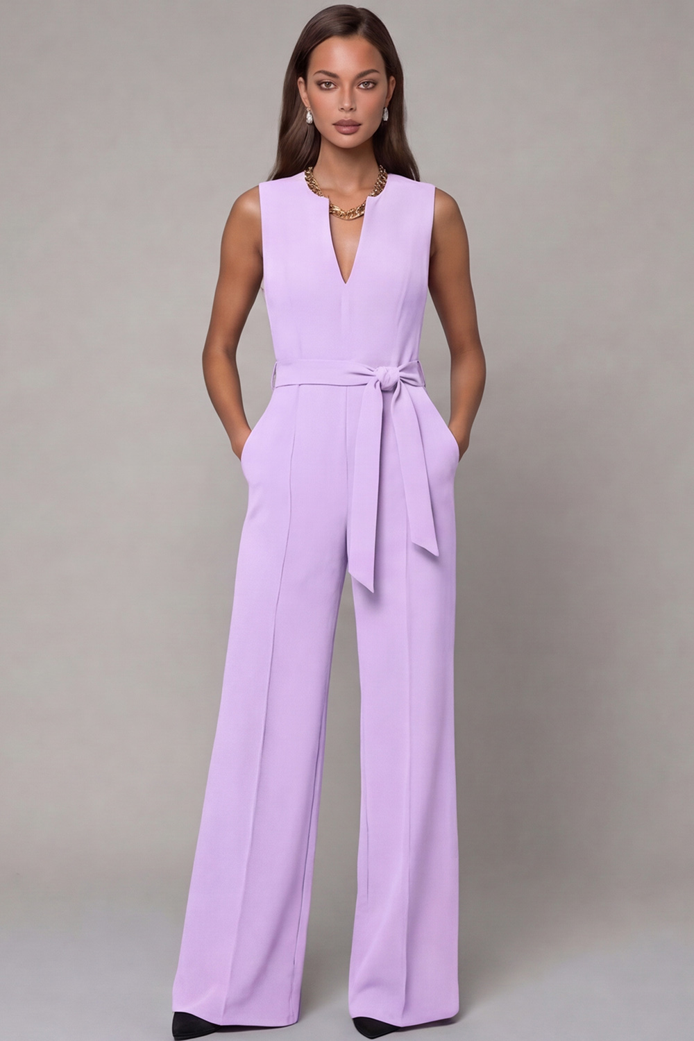 Navy V Neck Sleeveless Long Work Jumpsuit with Pockets