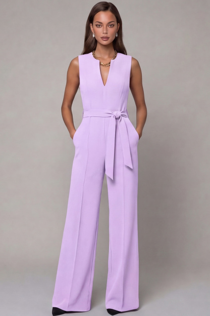 Navy V Neck Sleeveless Long Work Jumpsuit with Pockets