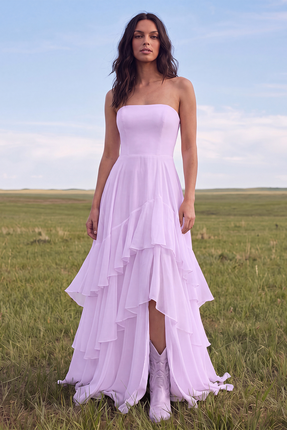 White Strapless A Line Swep Train Tiered Western Wedding Dress with Ruffles