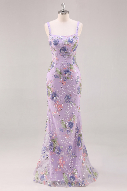Pink Sparkly Beaded Floral Mermaid Long Prom Dress