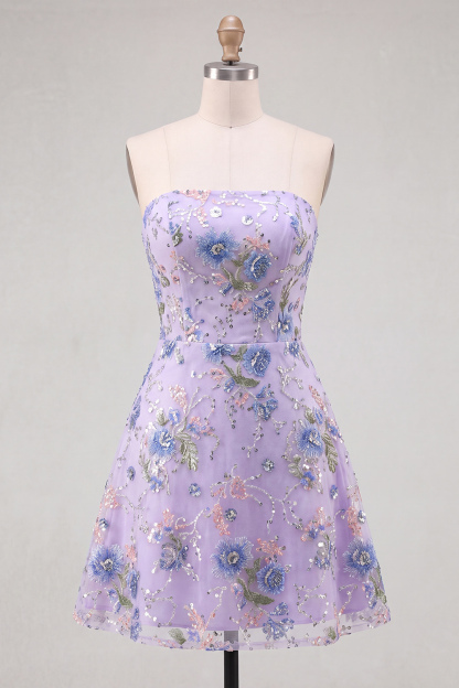 Pink Sparkly Floral Beaded Strapless Sequin Short Homecoming Dress