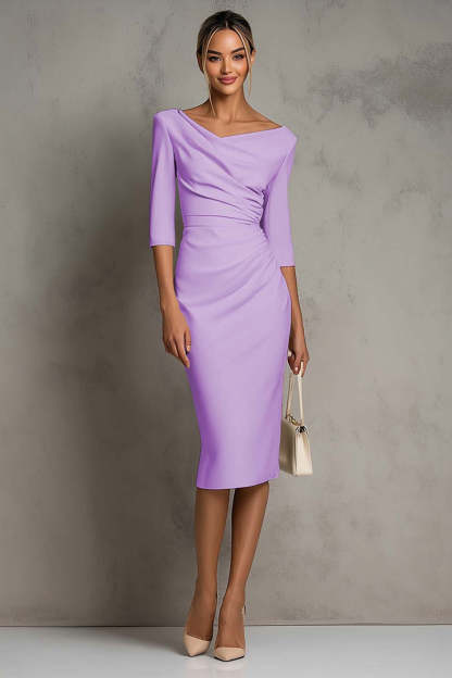 Plus Size Simple Black Ruched Midi Pencil Work Dress with Slit