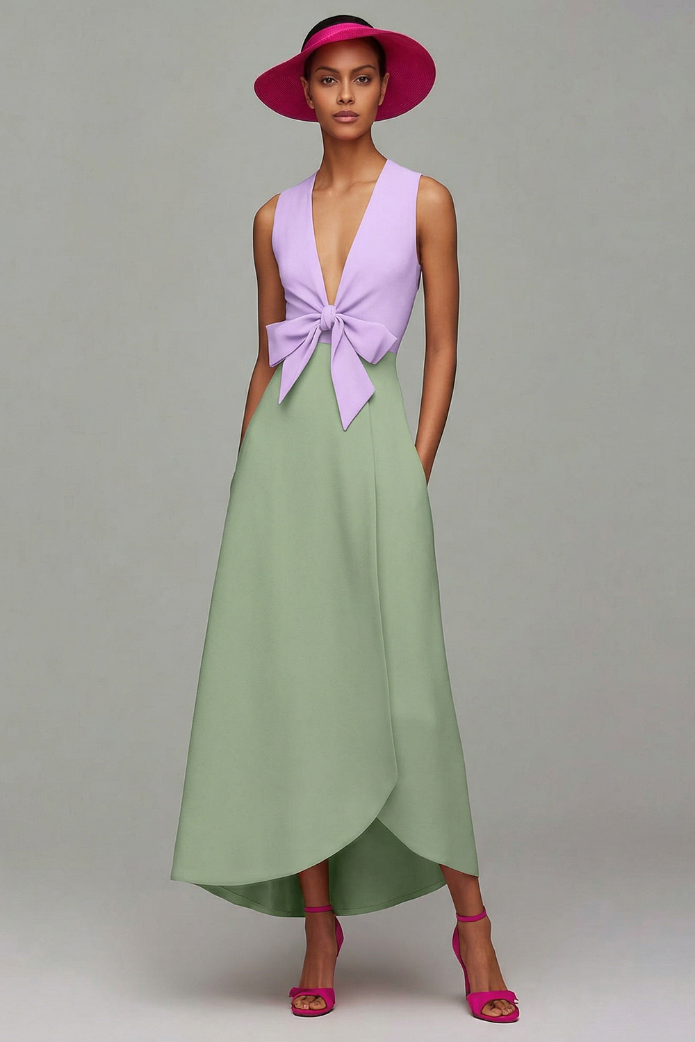 Orange and Fuchsia Deep V-Neck Maxi Formal Dress with Bow