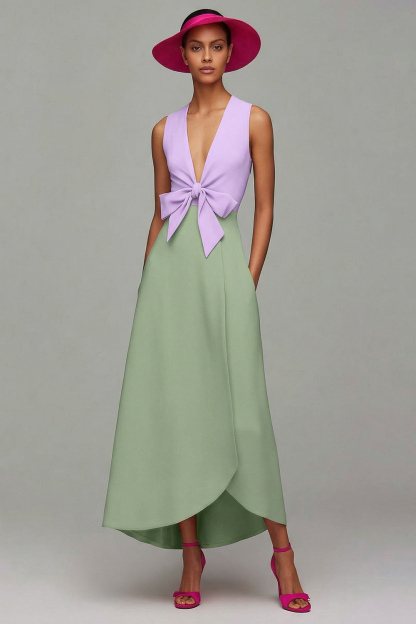 Orange and Fuchsia Deep V-Neck Maxi Formal Dress with Bow