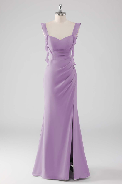 Sage Green Ruffled Sheath Long Bridesmaid Dress with Slit