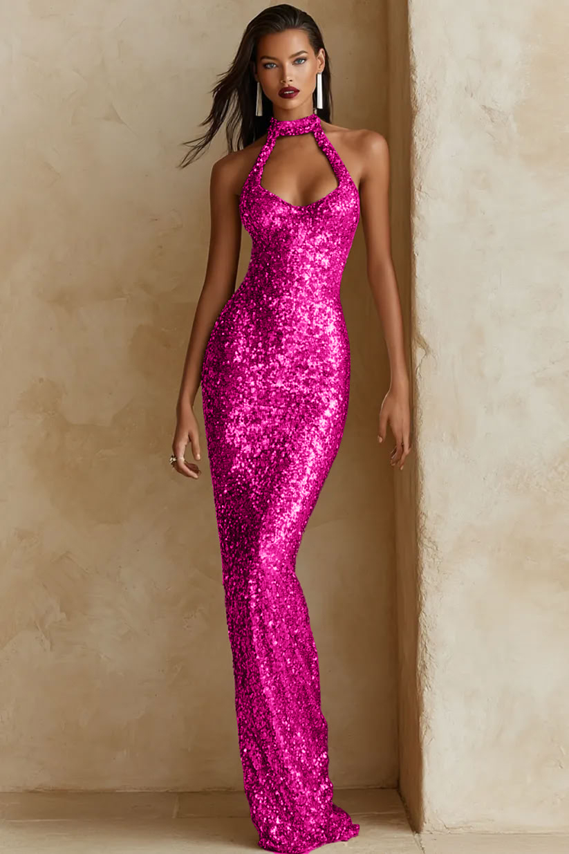Sparkly Sequin Champagne Halter Long Gala Dress