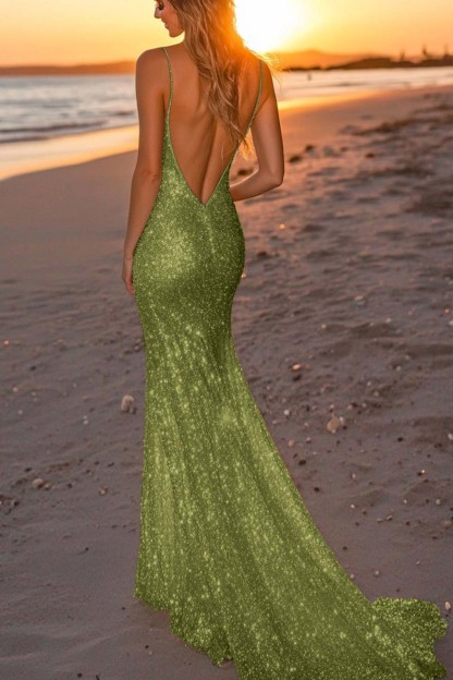 Sparkly Silver Spaghetti Straps Mermaid Sequined Formal Dress