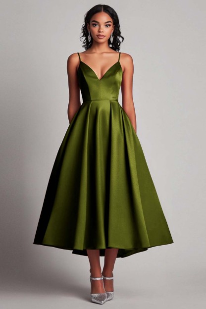 Red Satin A-Line Spaghetti Straps Tea Length Formal Dress