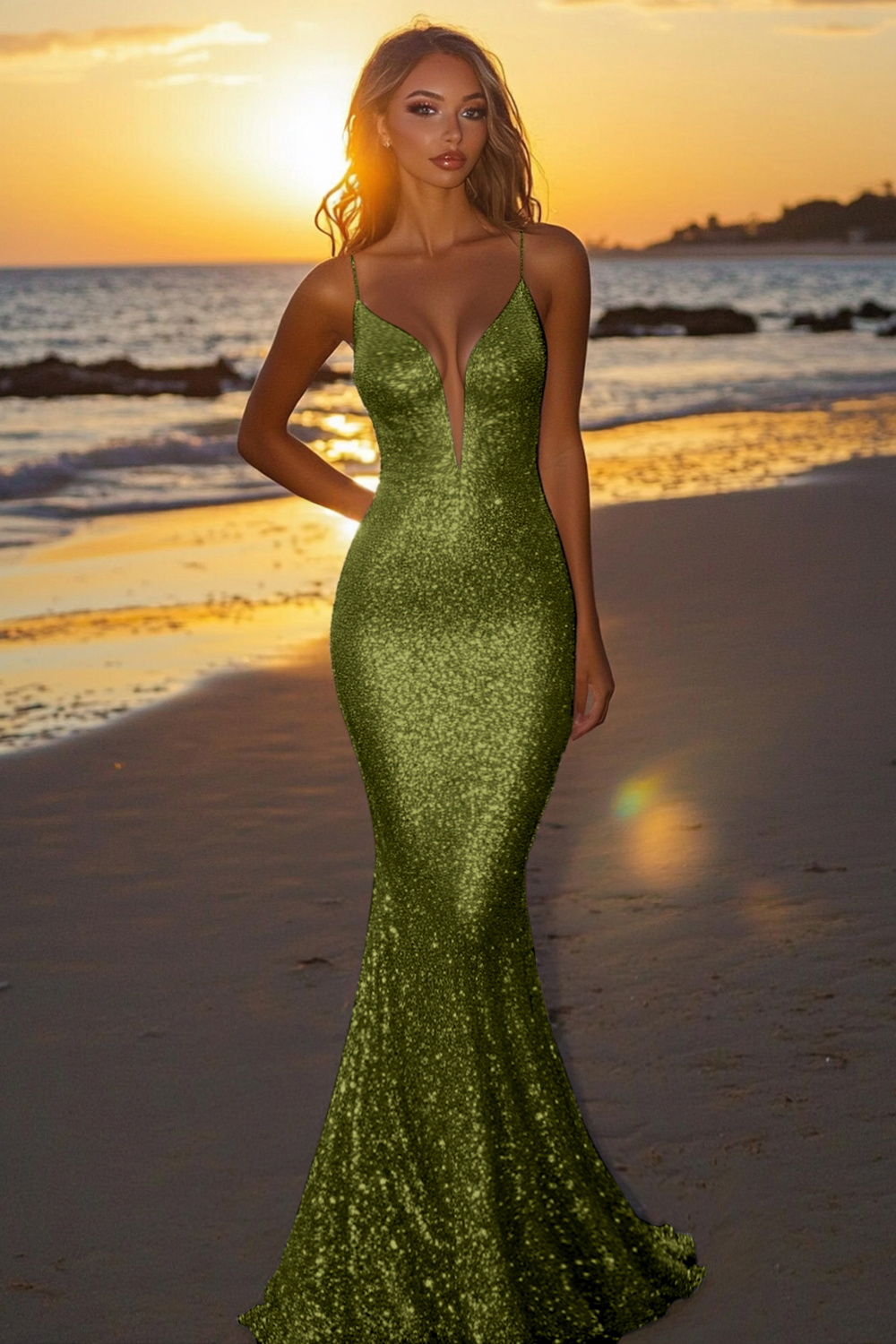 Sparkly Silver Spaghetti Straps Mermaid Sequined Formal Dress
