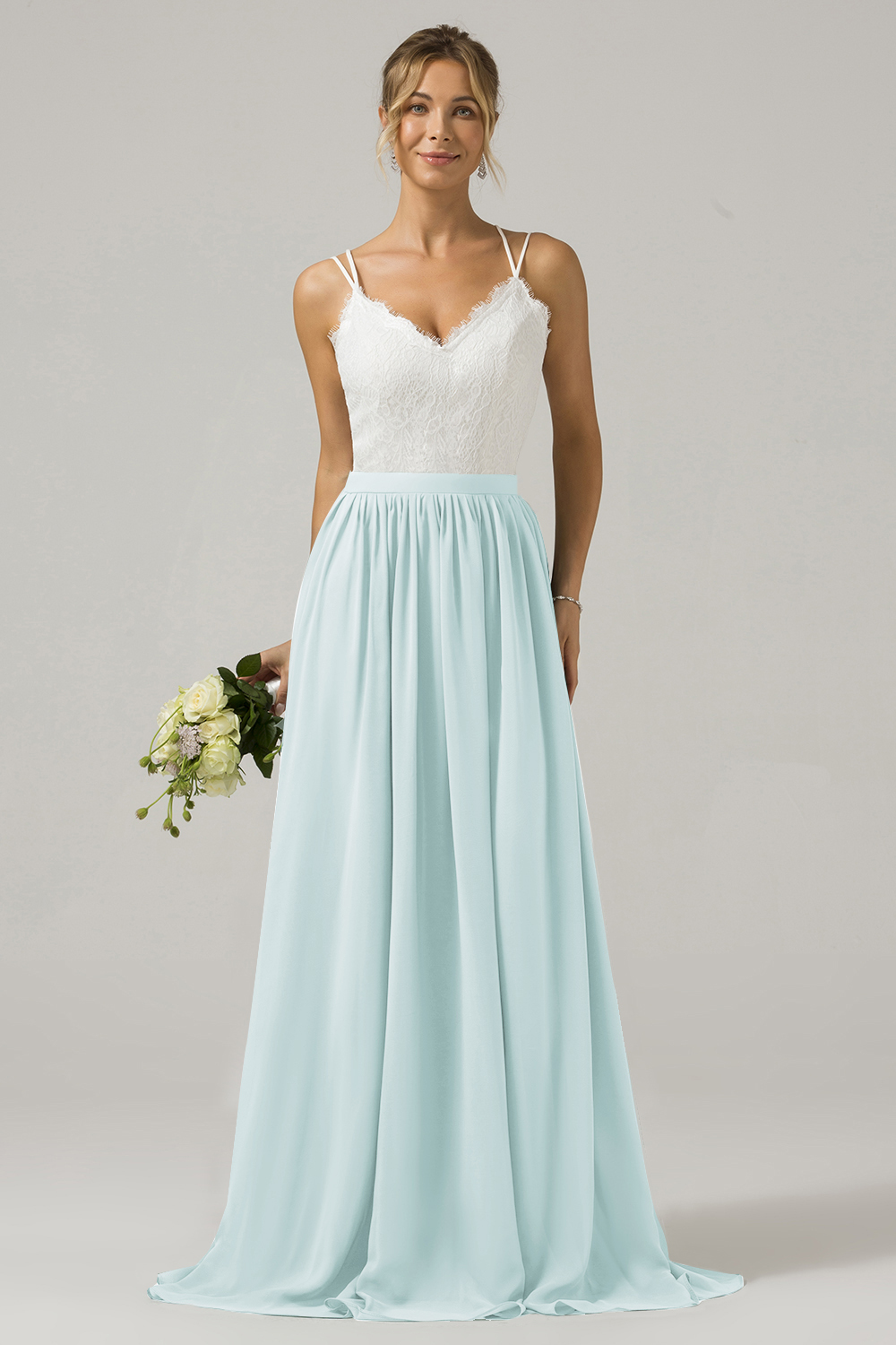 Eucalyptus A-Line Spaghetti Straps Pleated Long Bridesmaid Dress With Lace