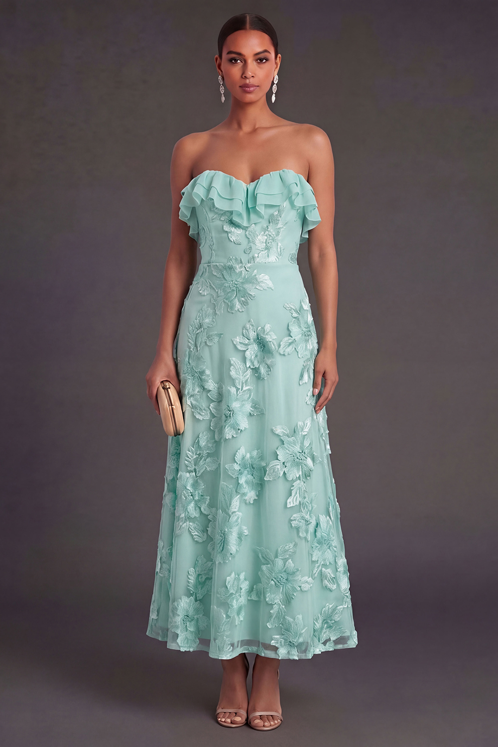 Light Blue A Line Floral Strapless Long Wedding Guest Dress