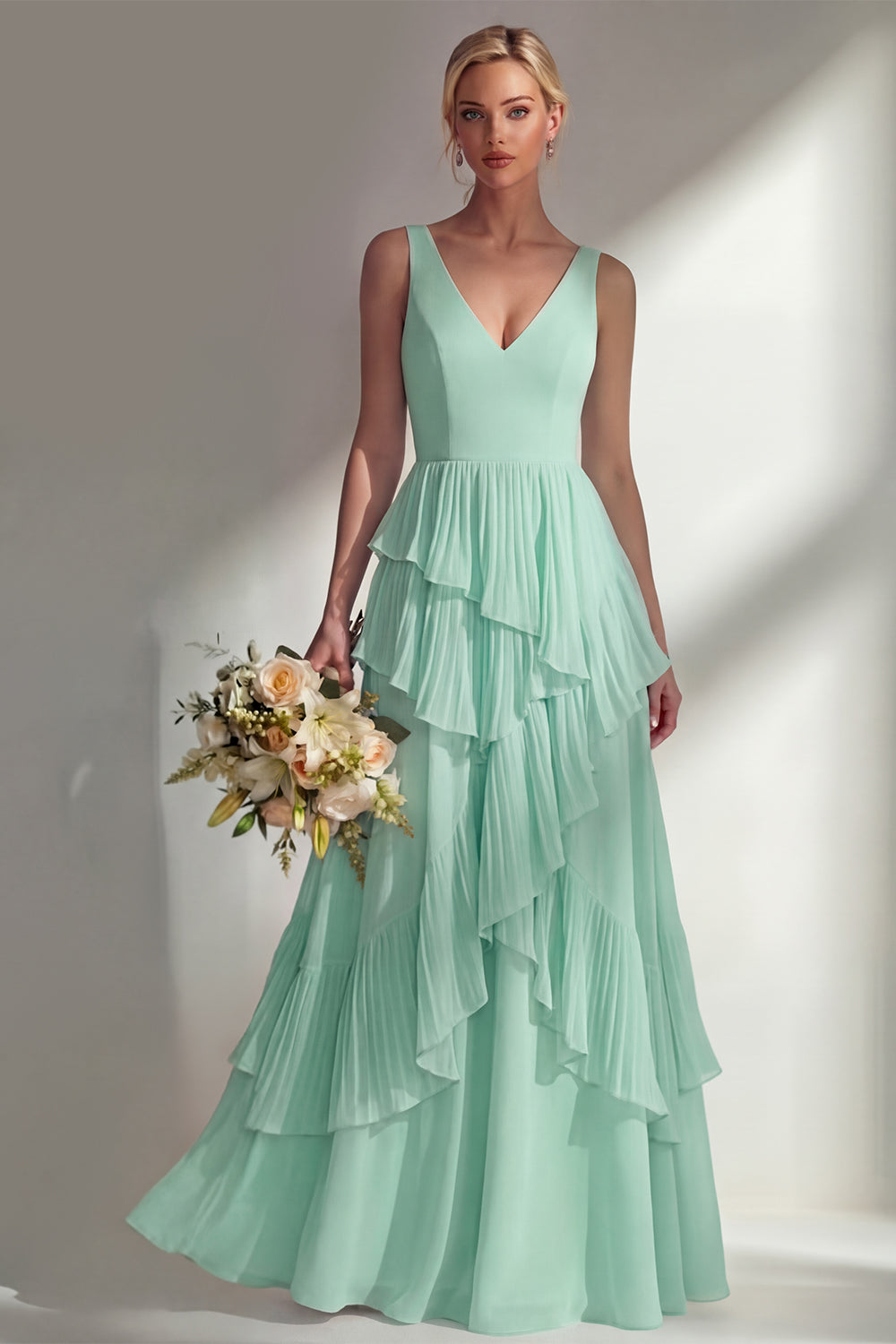 Sea Glass V Neck Ruffled Sleeveless Long Bridesmaid Dress