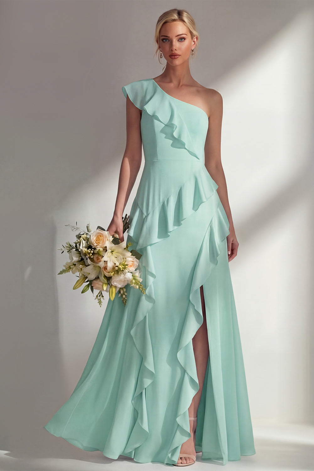Emerald A Line Ruffled One Shoulder Long Bridesmaid Dress with Slit