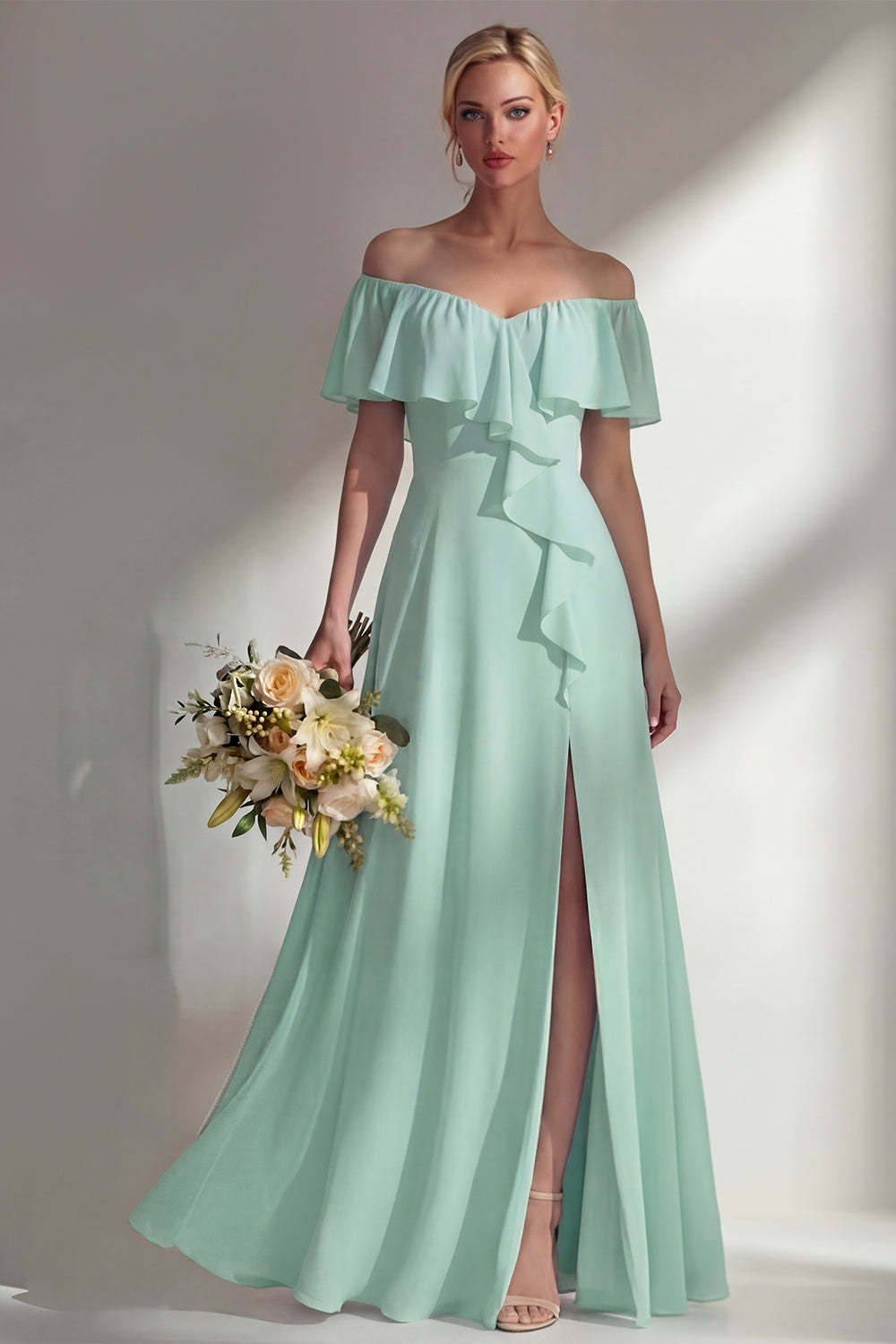 A Line Burgundy Ruffed Off the Shoulder Long Bridesmaid Dress with Slit