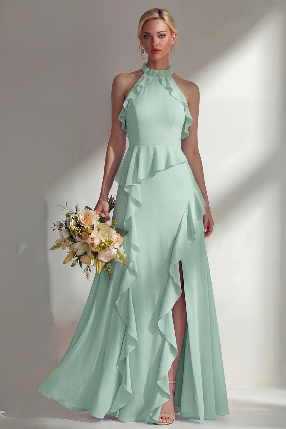 Butter Yellow Ruffled Halter Neck A Line Long Bridesmaid Dress with Slit