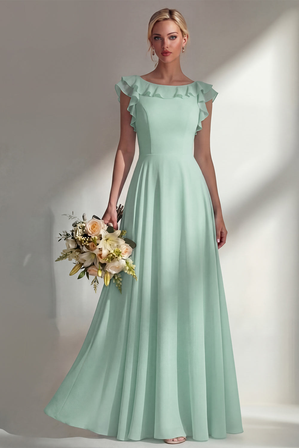 A Line Round Neck Ruffled Dusty Blue Long Bridesmaid Dress