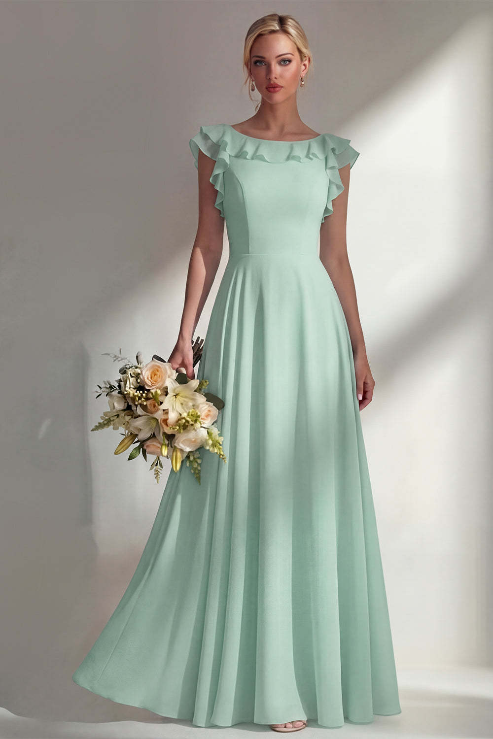 A Line Round Neck Ruffled Dusty Blue Long Bridesmaid Dress