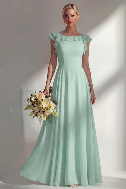 A Line Round Neck Ruffled Dusty Blue Long Bridesmaid Dress