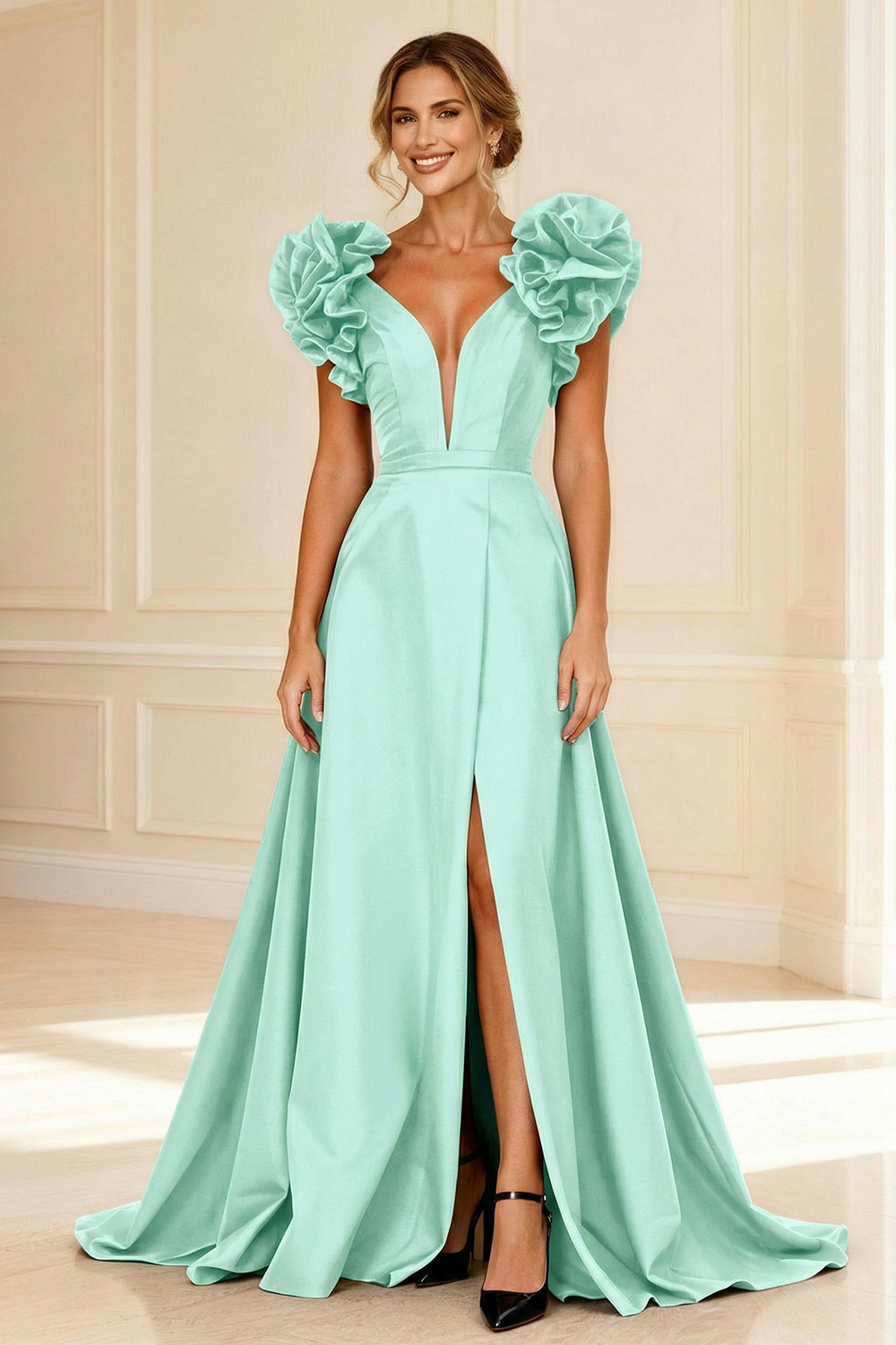 Black Deep V-Neck Ruffled Long Mother of the Bride Dress with Slit