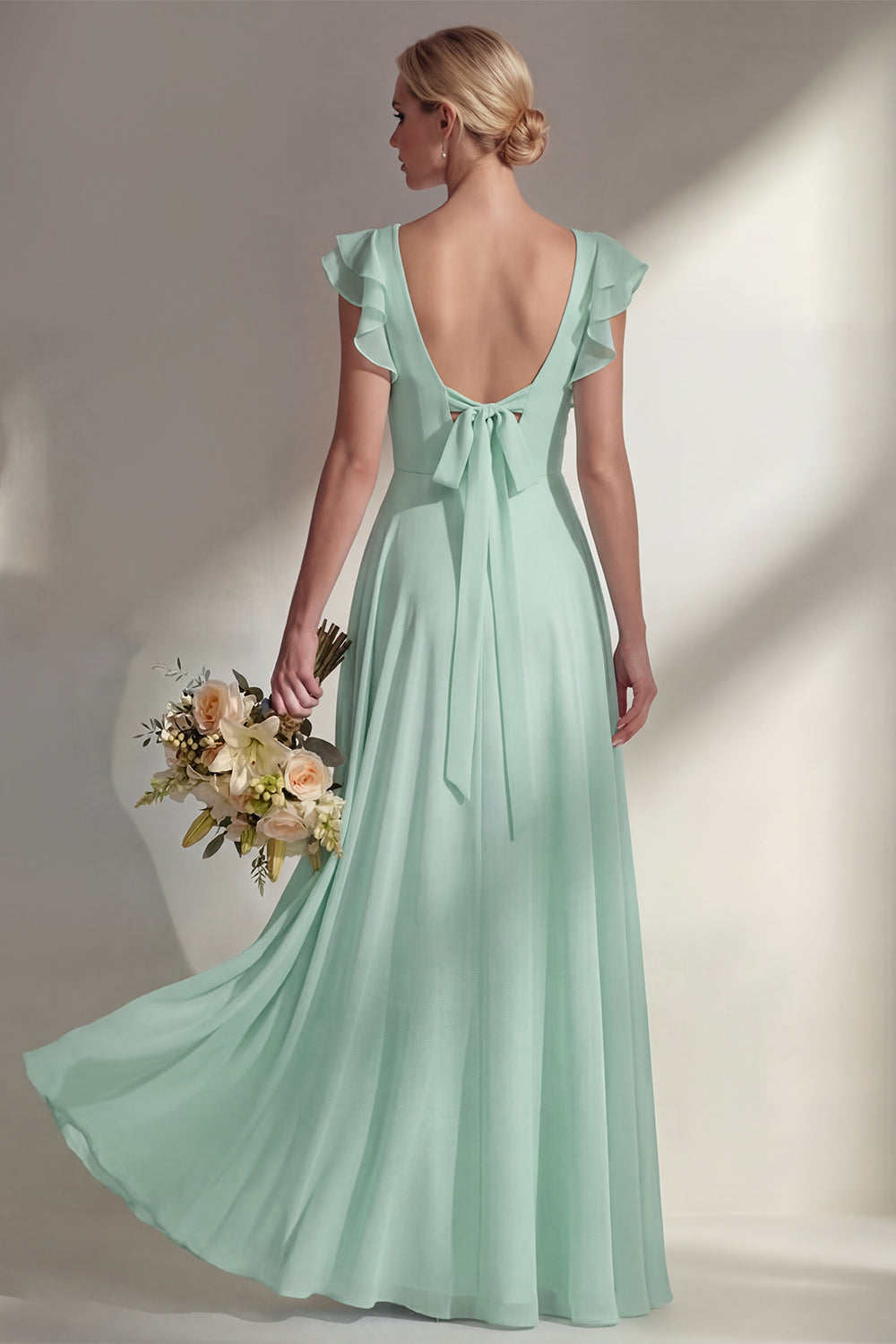 A Line Round Neck Ruffled Dusty Blue Long Bridesmaid Dress