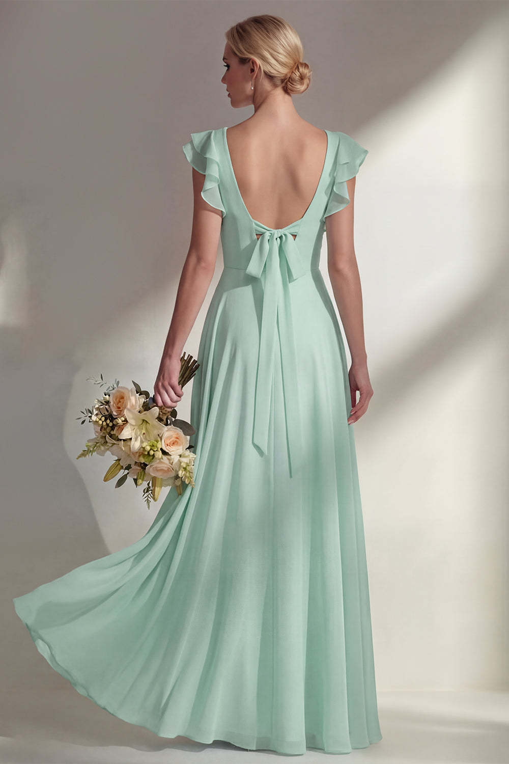 A Line Round Neck Ruffled Dusty Blue Long Bridesmaid Dress