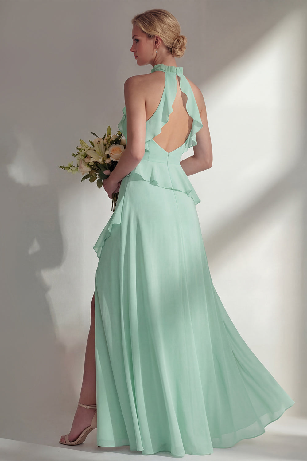 Butter Yellow Ruffled Halter Neck A Line Long Bridesmaid Dress with Slit